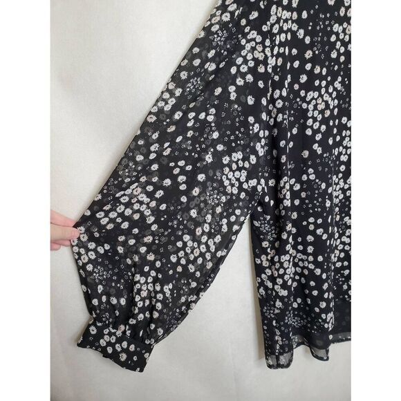 Karl Lagerfeld Paris Floral High Neck Key Hole Balloon Sleeve Semi Sheer Blouse - Picture 4 of 11